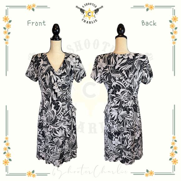 Courtenay Dresses & Skirts - Courtenay Faux Wrap Dress Allover Tropical Print Black/White Womens Size 10